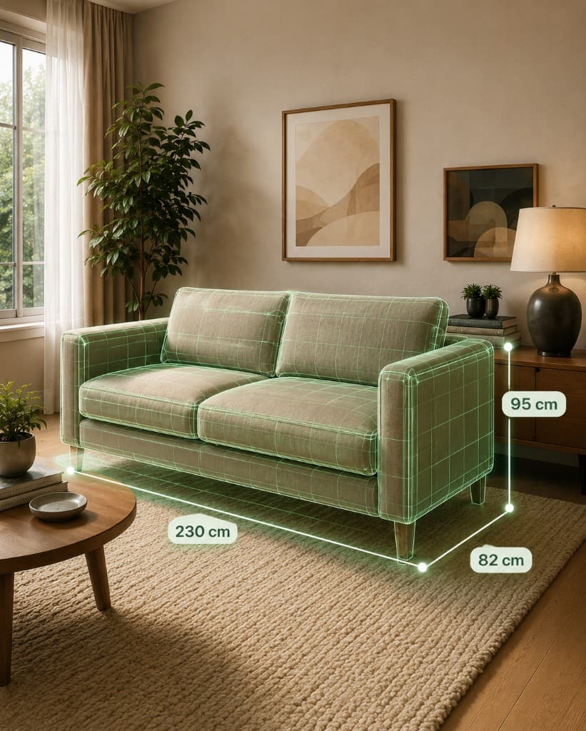 RoomFit AR preview of a sofa at true size in a living room