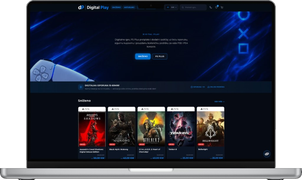 DigitalPlay homepage on a laptop — hero, PS Plus and on-sale games