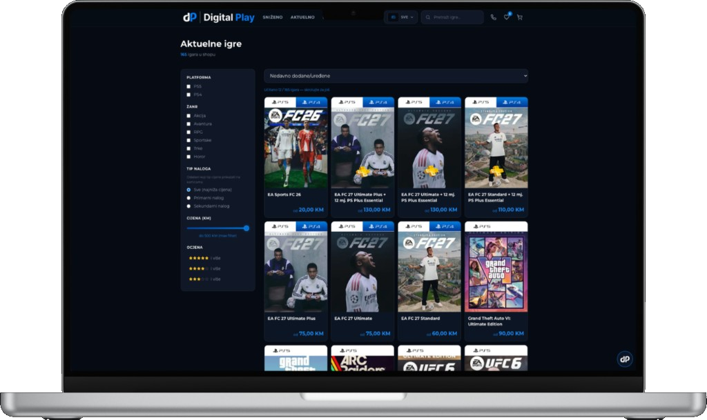 DigitalPlay catalog on a laptop — filters, platforms and current games