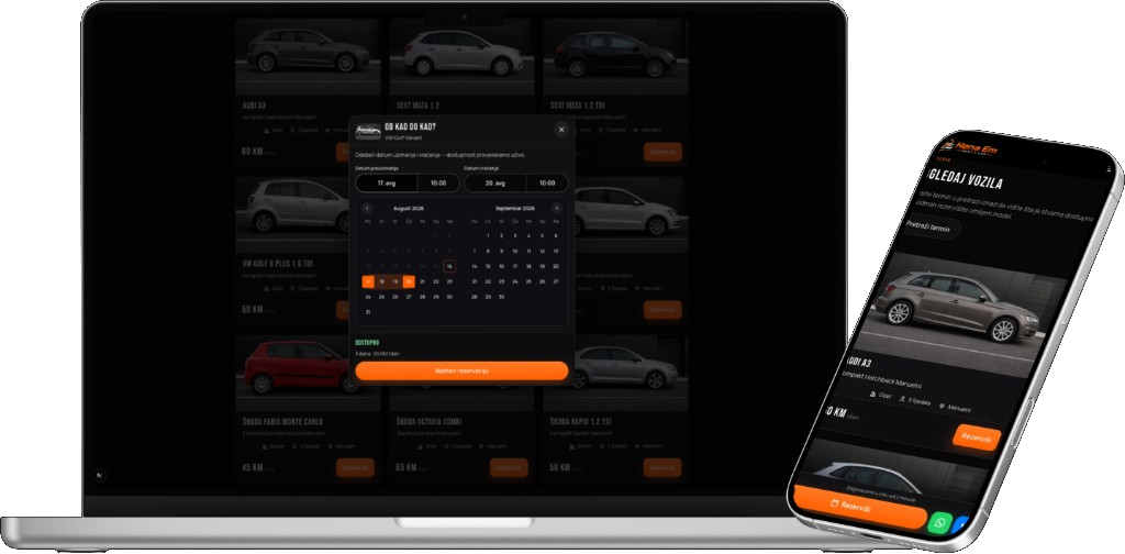 Hena Em public booking — fleet grid on laptop and Audi A3 card on phone