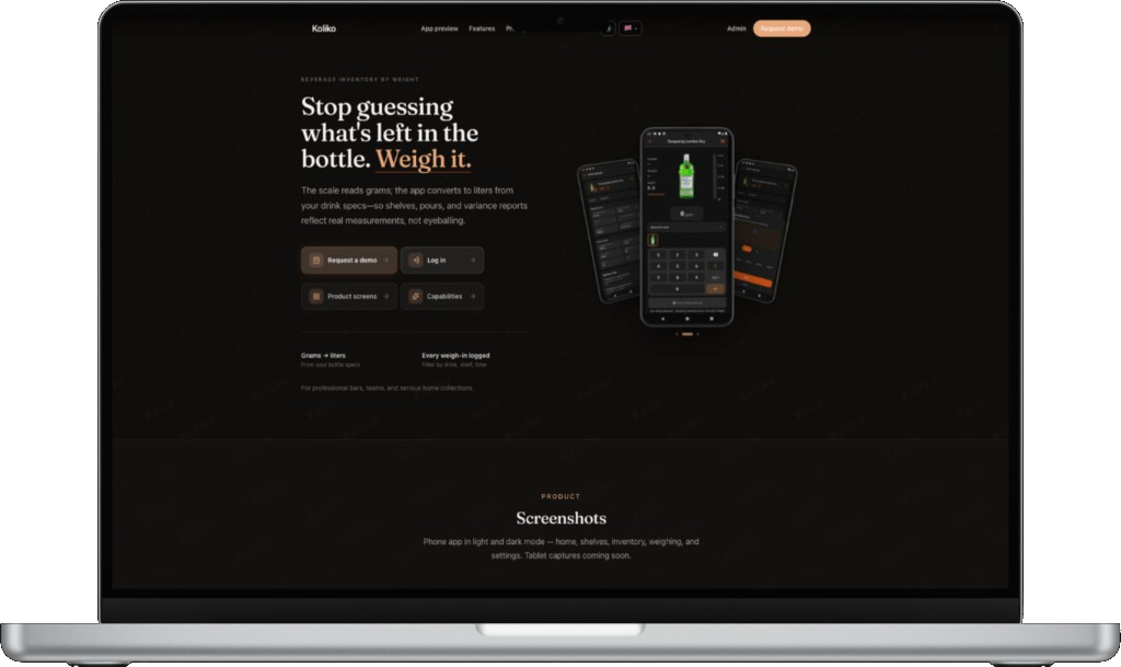 Koliko website on a laptop — beverage inventory by weight