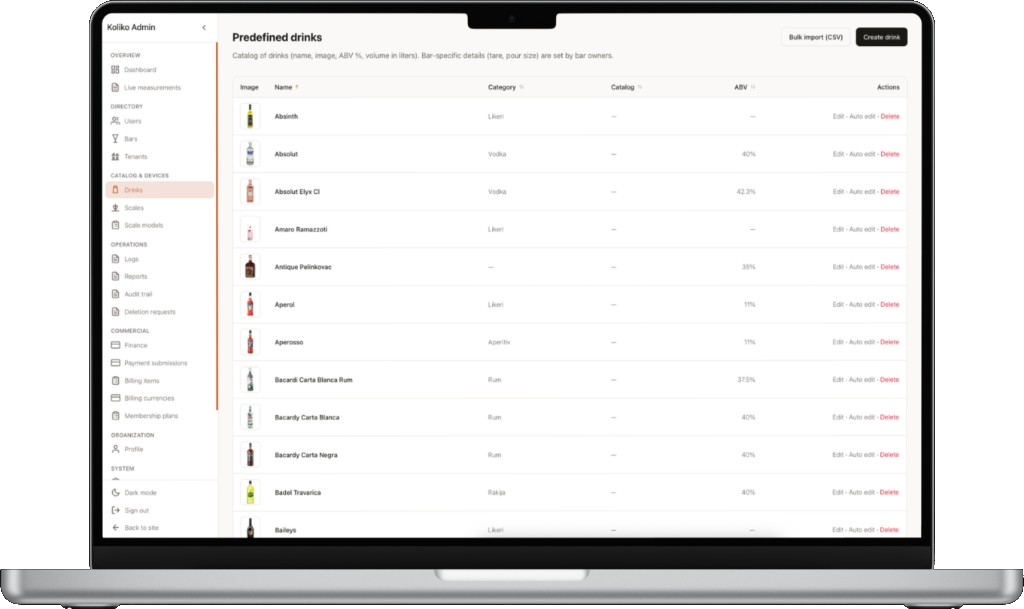 Koliko Admin dashboard on a laptop — predefined drinks catalog
