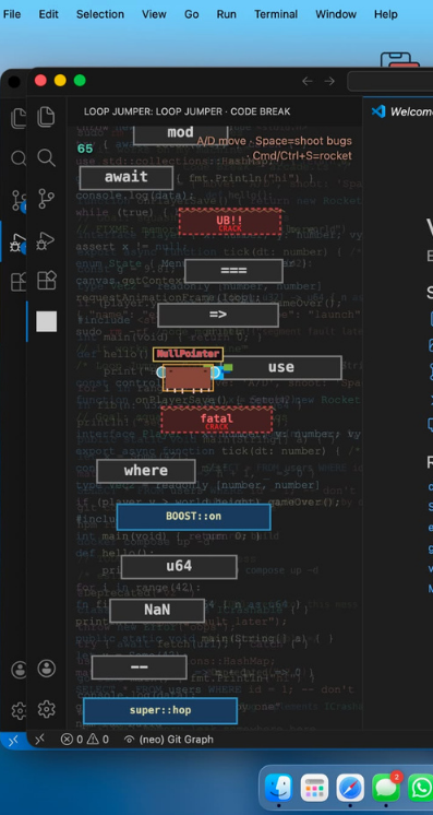 Loop Jumper gameplay in VS Code — boost platforms, bug enemies, and a rocket jump