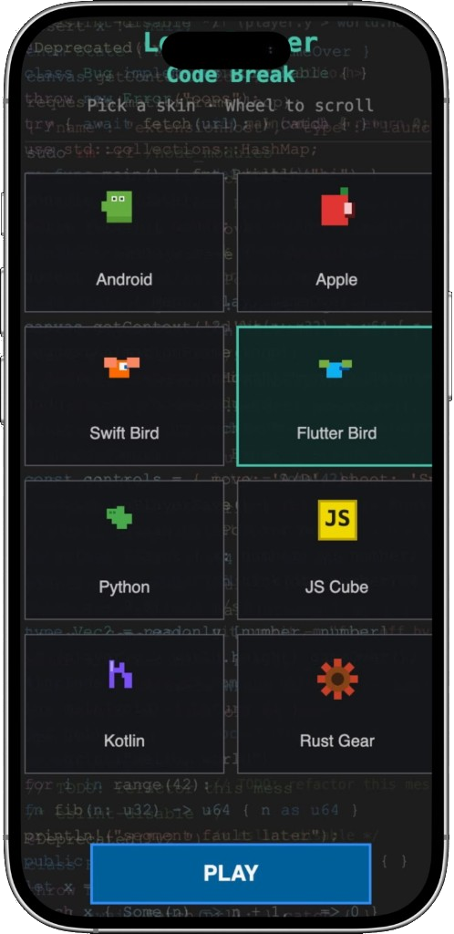Loop Jumper skin picker on a phone — Flutter Bird selected, Play ready