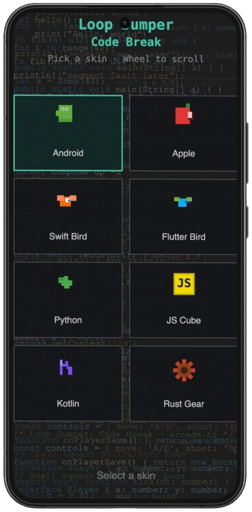 Loop Jumper skin grid — Android, Apple, Swift, Flutter, Python, JS, Kotlin, Rust