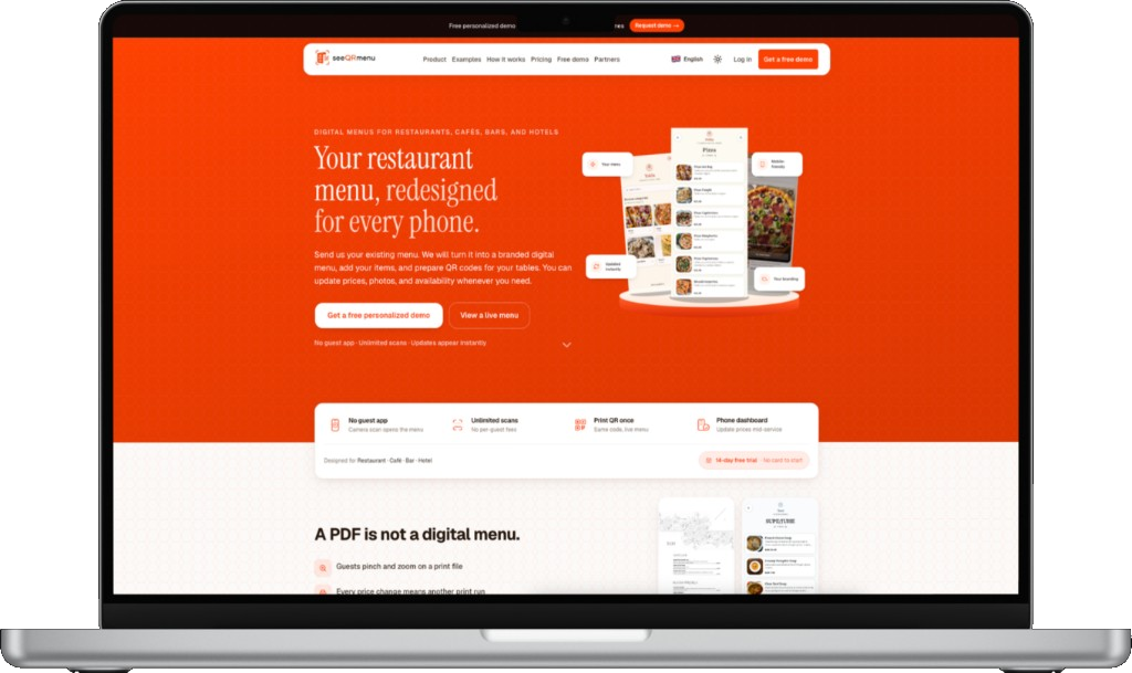 seeQRmenu homepage on a laptop — digital menus redesigned for every phone
