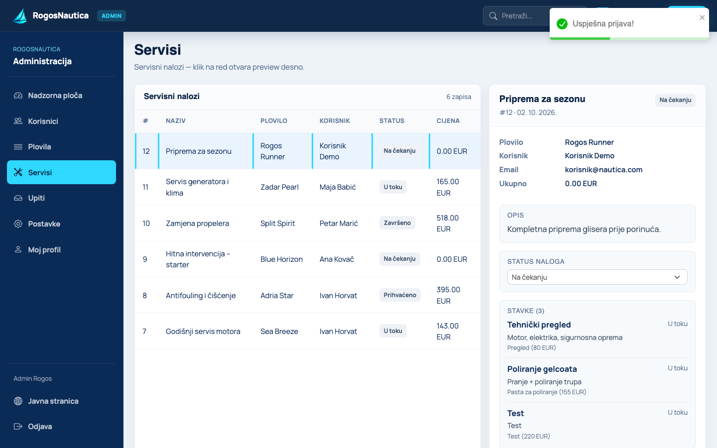 RogosNautica services admin — list of vessel service jobs and statuses