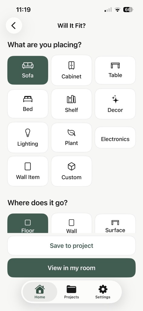 RoomFit Will It Fit screen with Sofa selected and width, height and depth fields