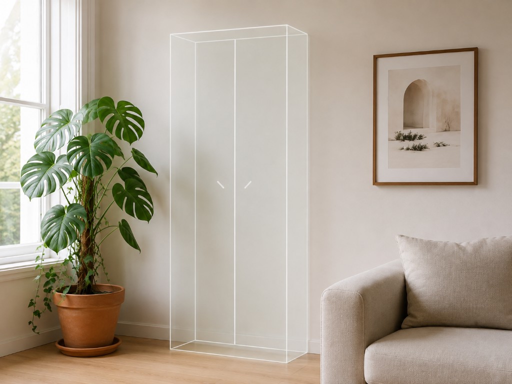 RoomFit AR preview of a cabinet at true size in a living room, labelled 80 × 180 × 40 cm