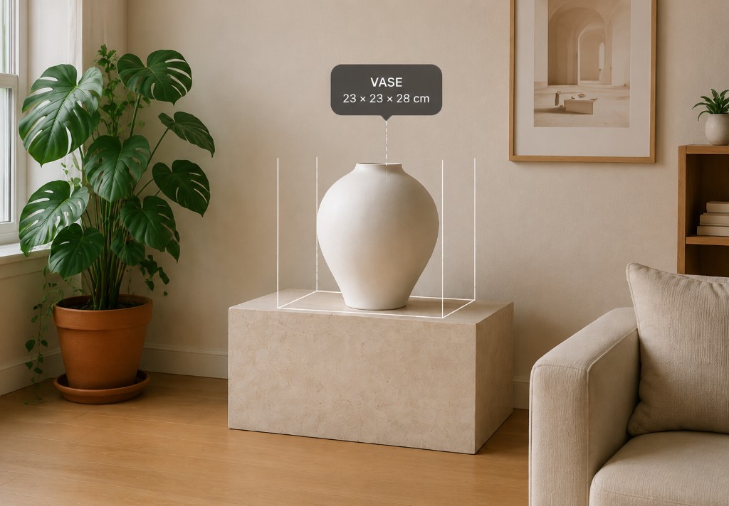 RoomFit AR preview of a vase at true size, labelled 23 × 23 × 28 cm