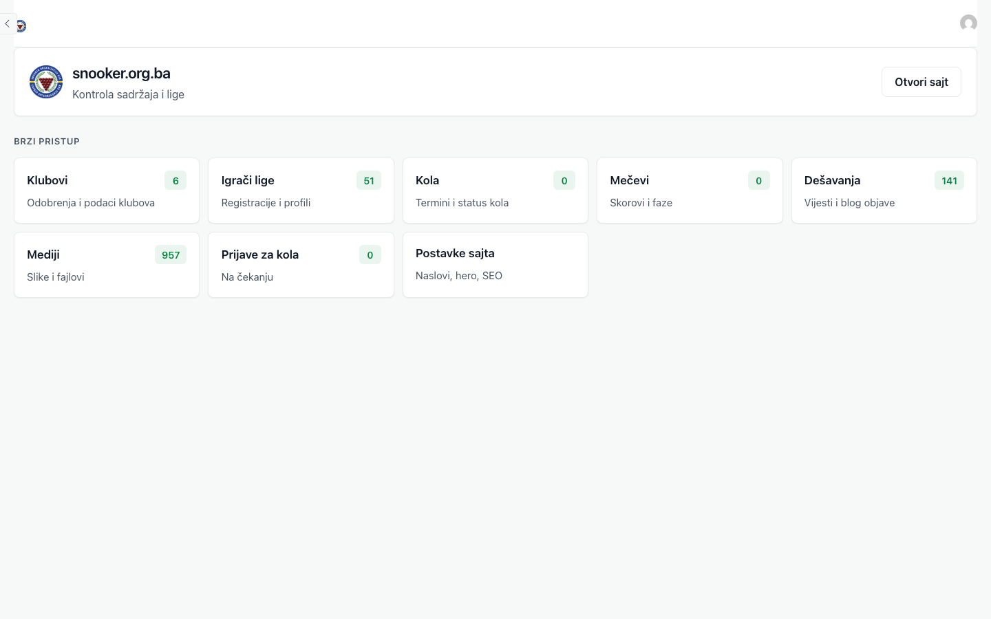 Snooker.org.ba admin — content and league control dashboard with quick-access modules