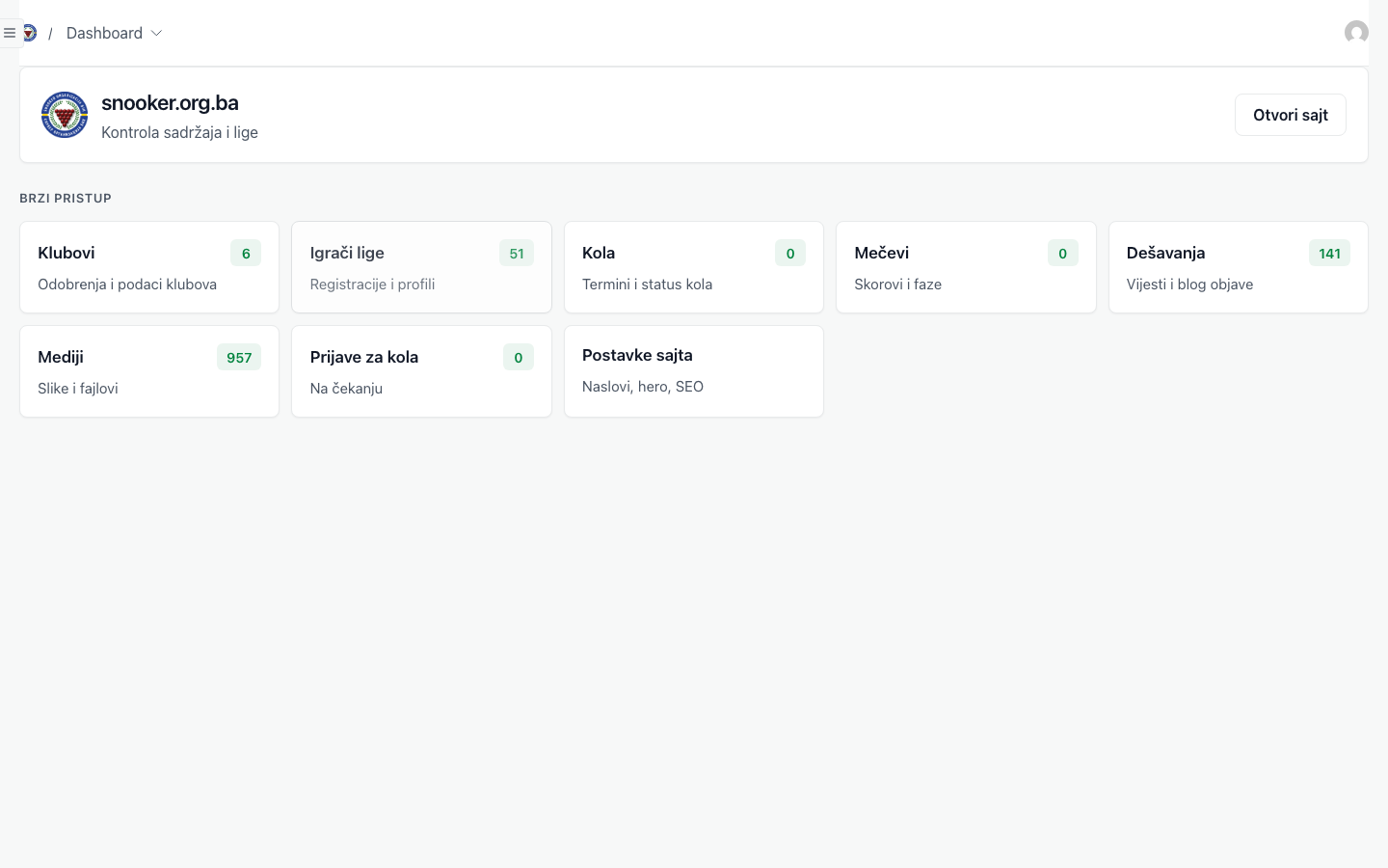 Admin modules for clubs, players, rounds, and matches