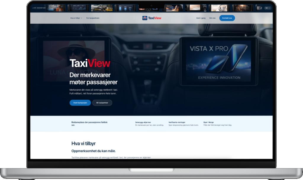 TaxiView website on a laptop — in-cab tablet advertising for brands and taxi partners