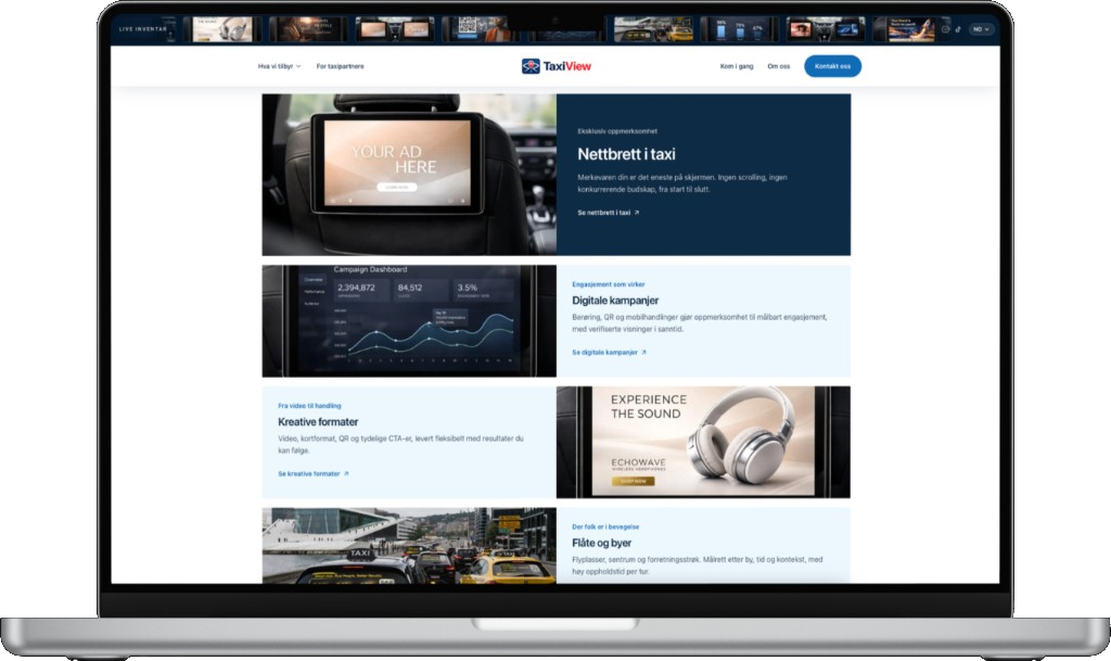TaxiView website on a laptop — tablets in taxis, campaigns, formats and fleet