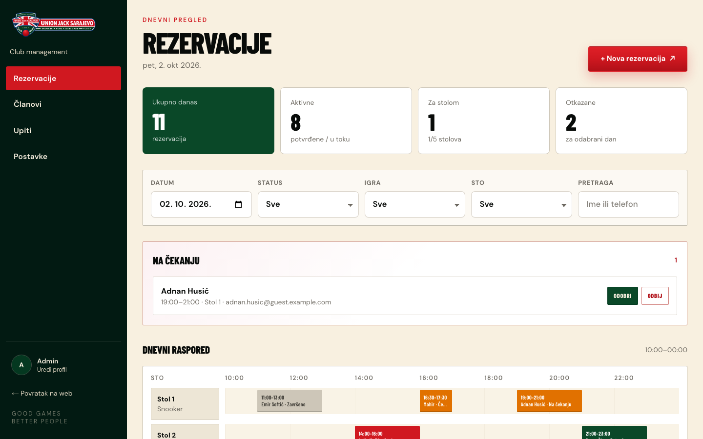 Union Jack management — daily reservations board with table timeline and pending approvals