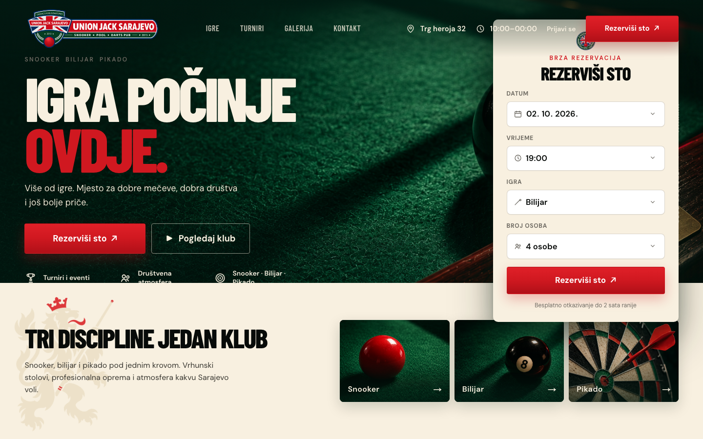 Union Jack Club homepage with quick table reservation