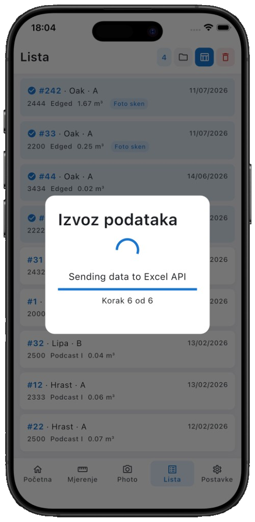 LumberMeter list exporting measurement data to an Excel API