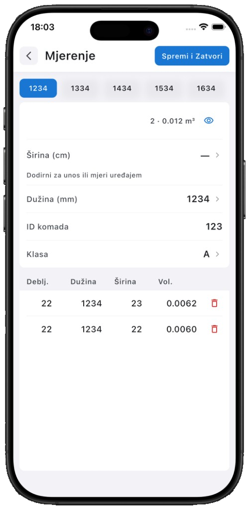 LumberMeter measurement screen with width, length, piece ID and class