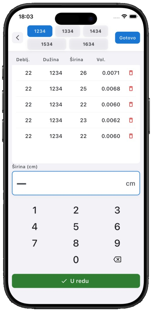 LumberMeter board table with thickness, length, width and volume plus keypad