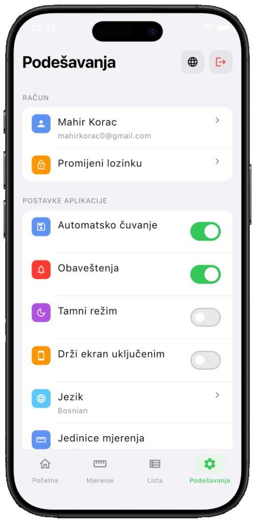 TimberMeter settings with auto-save, language, units and account